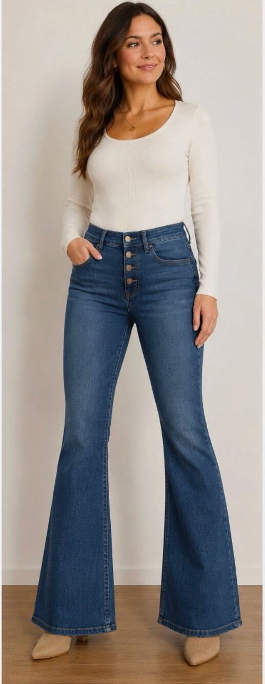 Boden Button Fly Flare Jeans Size 4 Blue Dark Wash High Rise Wide Flare